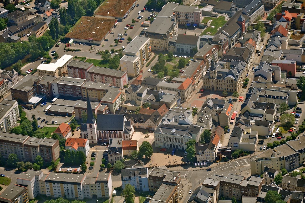 1000 Meter über Crimmitschau , Blick auf die Innenstadt 2014